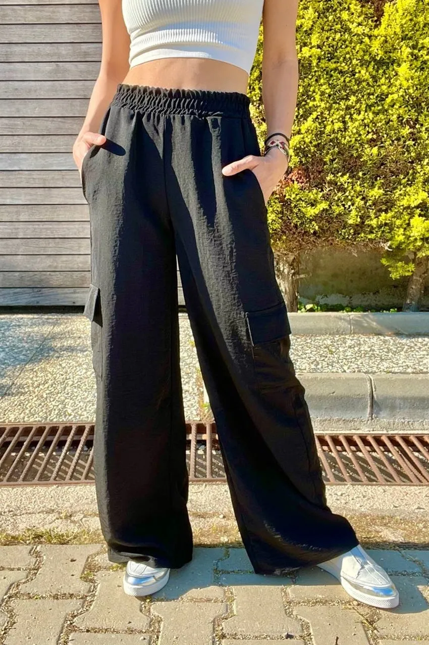 GNS Women's Black Side Pocket Elastic Waist Wide Leg Baggy Pants BST700-3600 - Yecapixtla