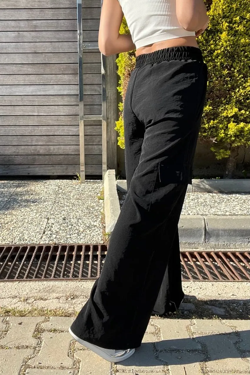 GNS Women's Black Side Pocket Elastic Waist Wide Leg Baggy Pants BST700-3600 - Yecapixtla
