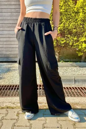 GNS Women's Black Side Pocket Elastic Waist Wide Leg Baggy Pants BST700-3600 - Yecapixtla