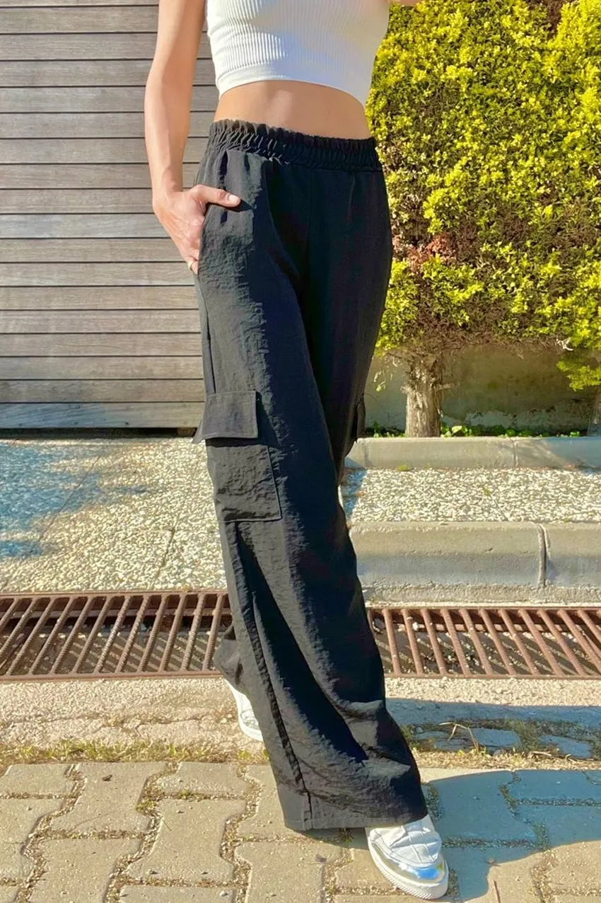 GNS Women's Black Side Pocket Elastic Waist Wide Leg Baggy Pants BST700-3600 - Yecapixtla