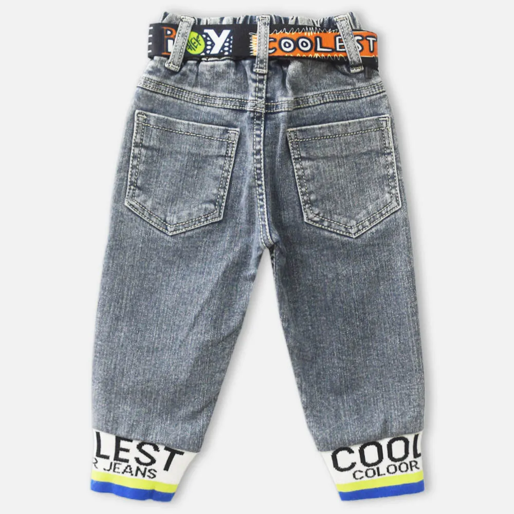 Grey Printed Denim Joggers With Belt