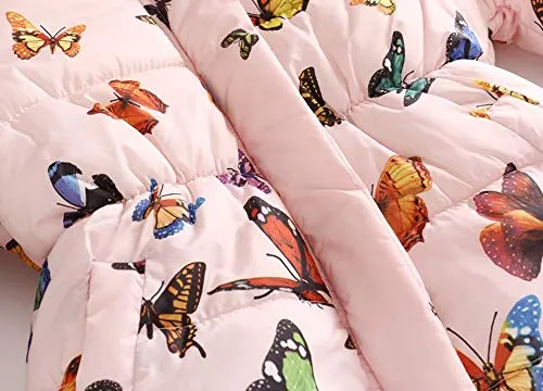Kehen Big Girl Autumn Winter Parka Down Coat Butterfly Print Puffer Trench Jacket Padded Overcoat with Fur Hood Pink 3T