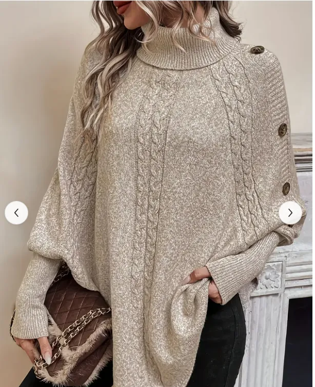 Khaki Cableknit Turtleneck Button Poncho