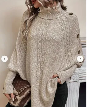 Khaki Cableknit Turtleneck Button Poncho