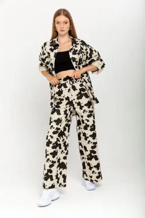KKT Gabardine Fabric Long Wide Cow Print Women'S Trouser - Stone - Montélimar