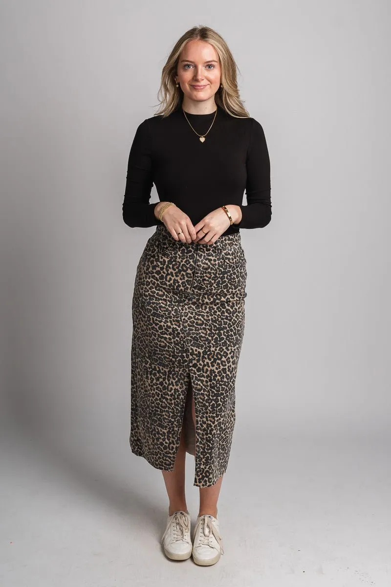 Leopard denim midi skirt brown