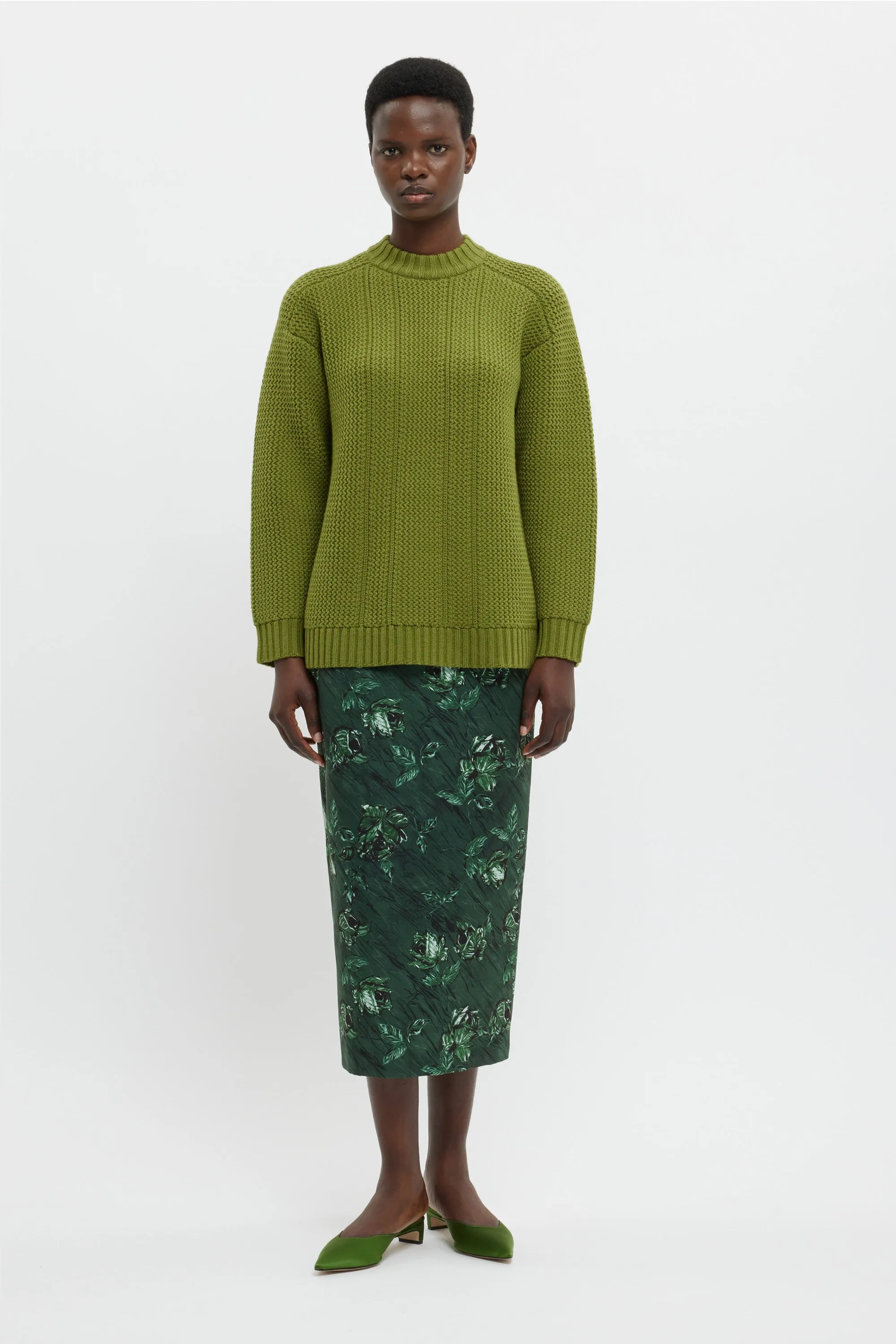Lorelei Skirt In Green Roses On Marble Print Taffeta Faille