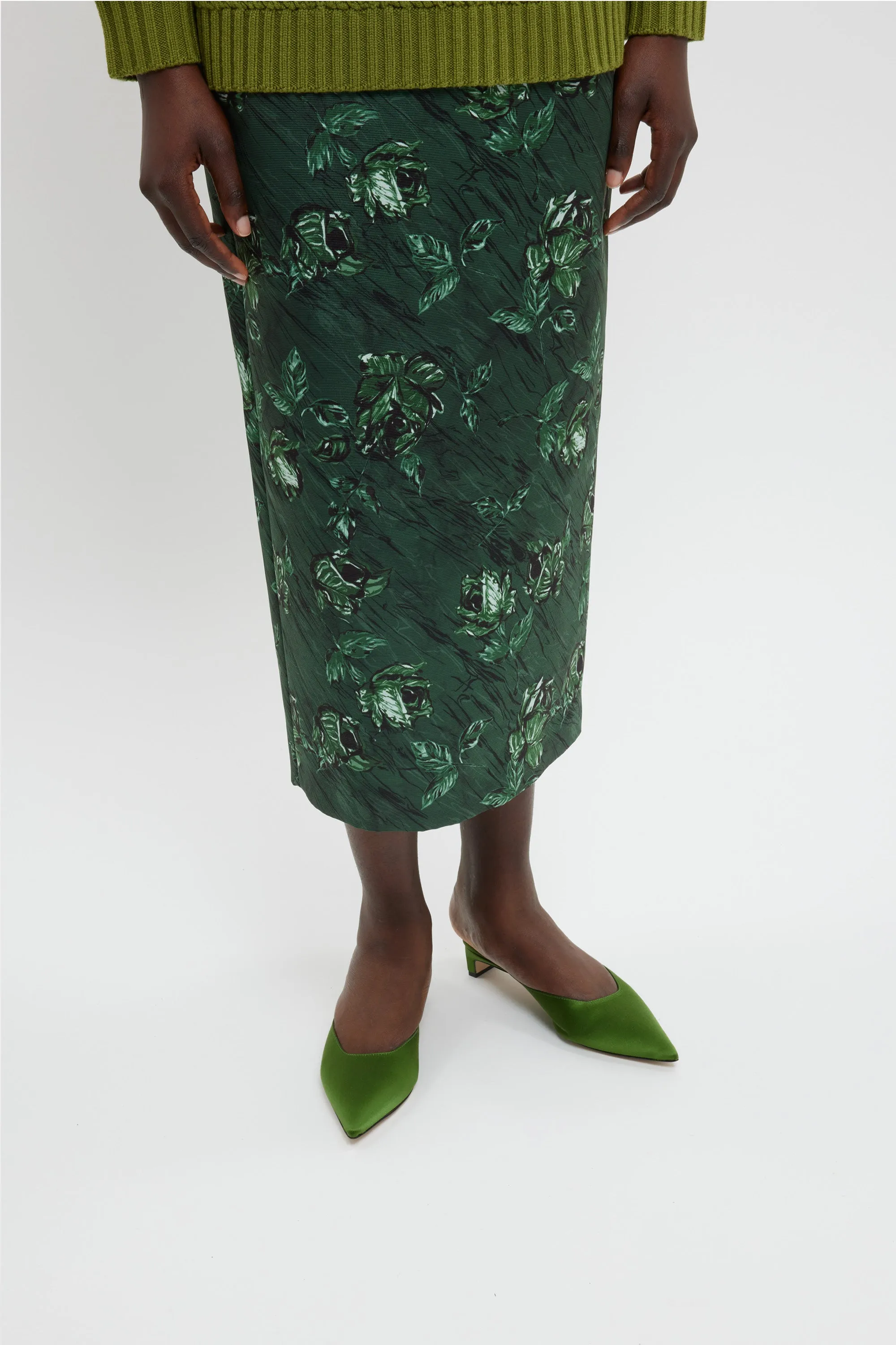 Lorelei Skirt In Green Roses On Marble Print Taffeta Faille