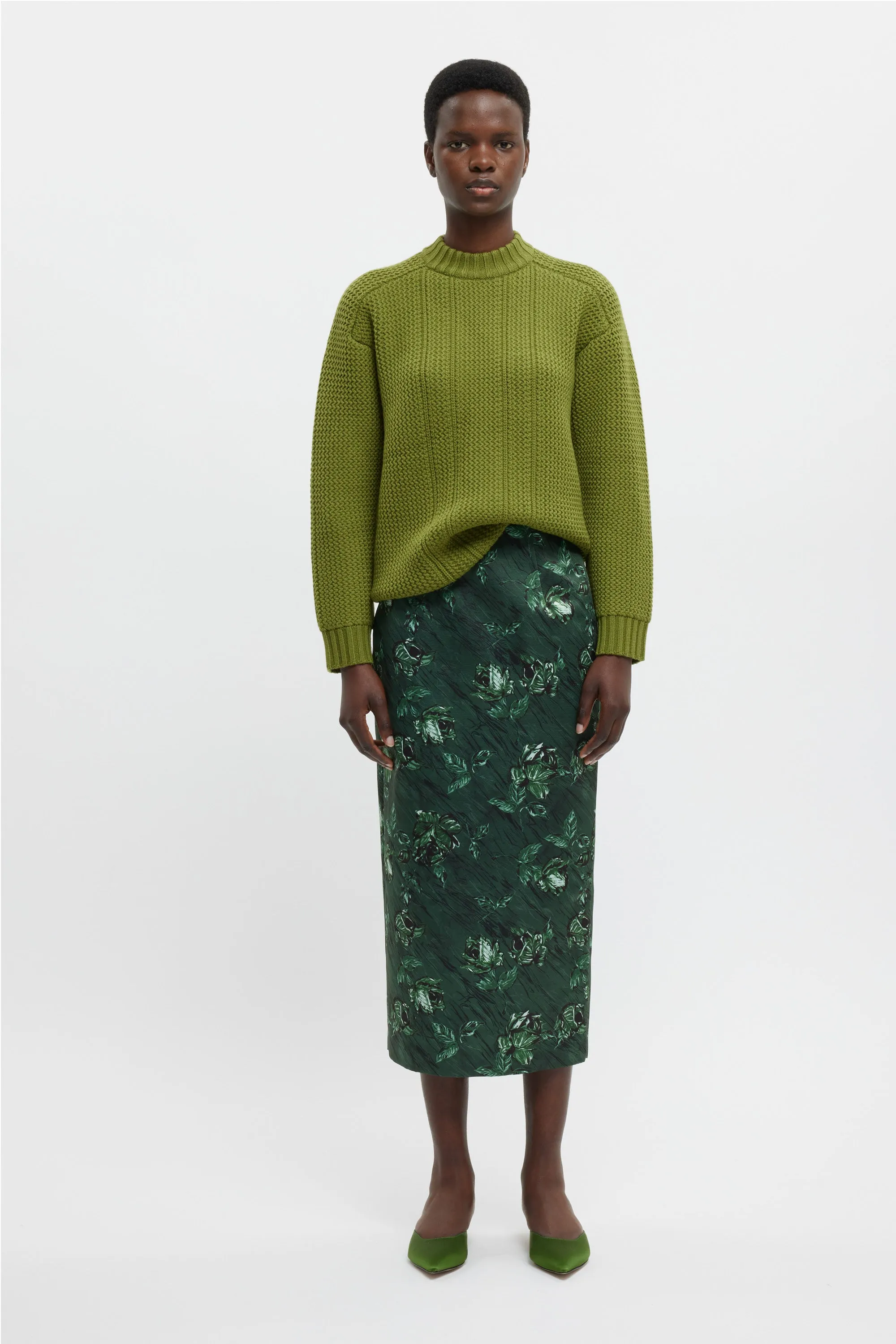 Lorelei Skirt In Green Roses On Marble Print Taffeta Faille