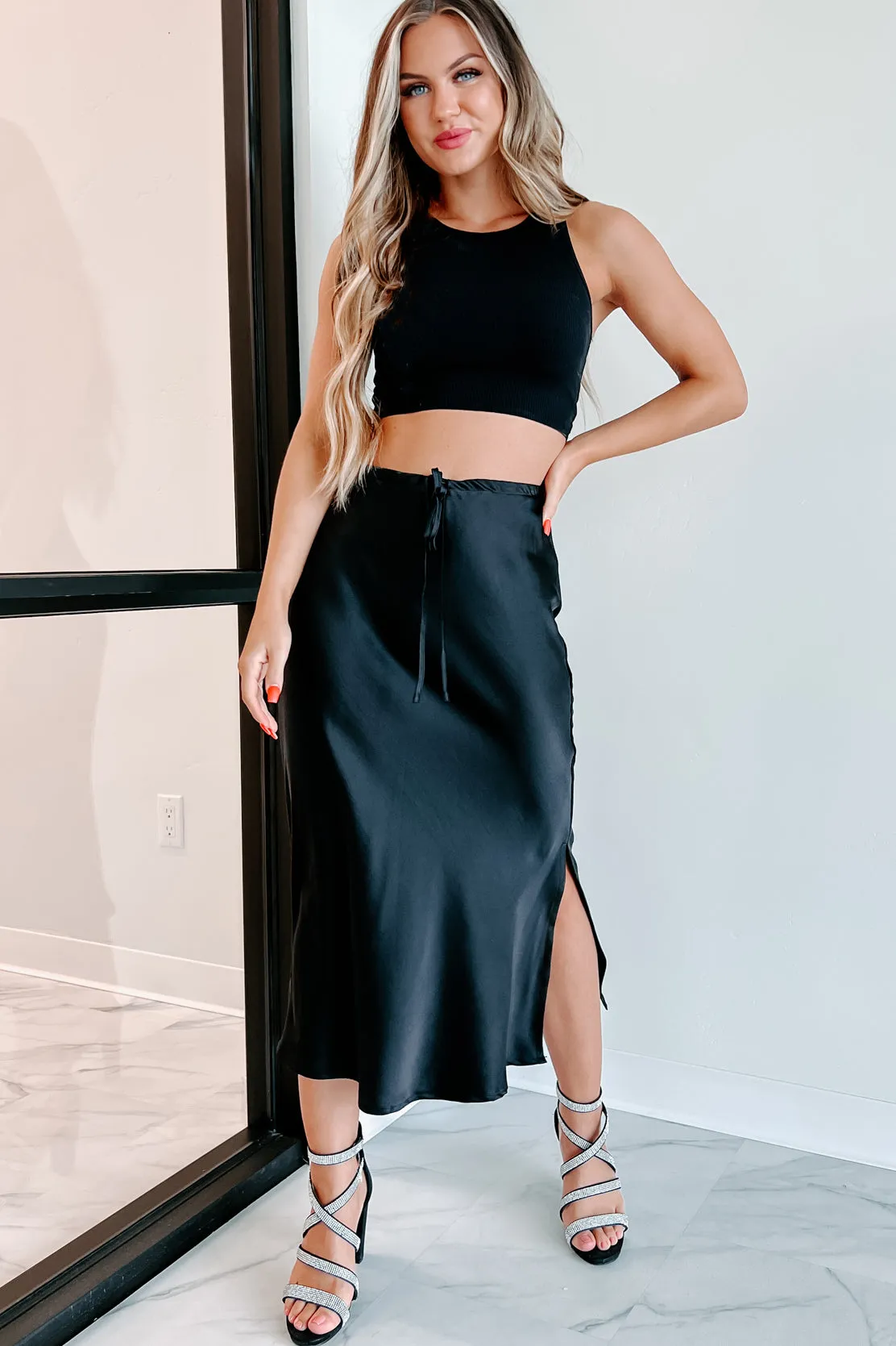 My Personal Preference Satin Midi Skirt (Black)