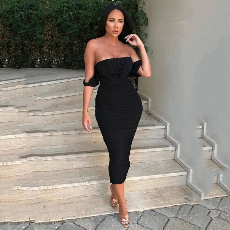 New Mesh Ruffled One-Shoulder Dress