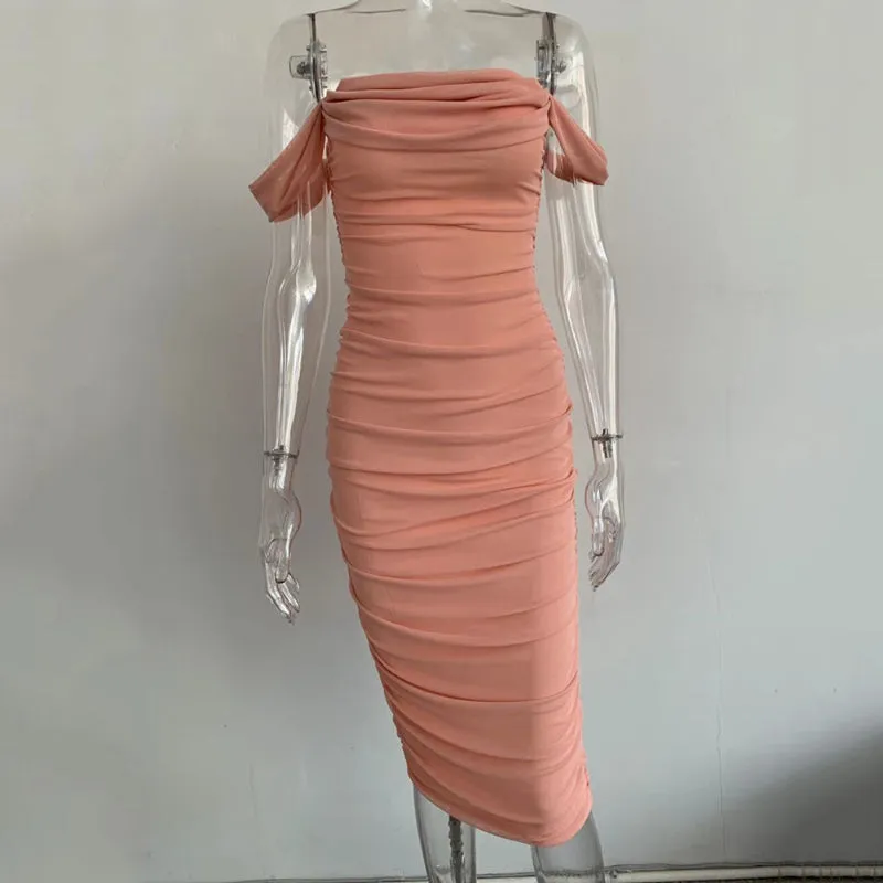 New Mesh Ruffled One-Shoulder Dress