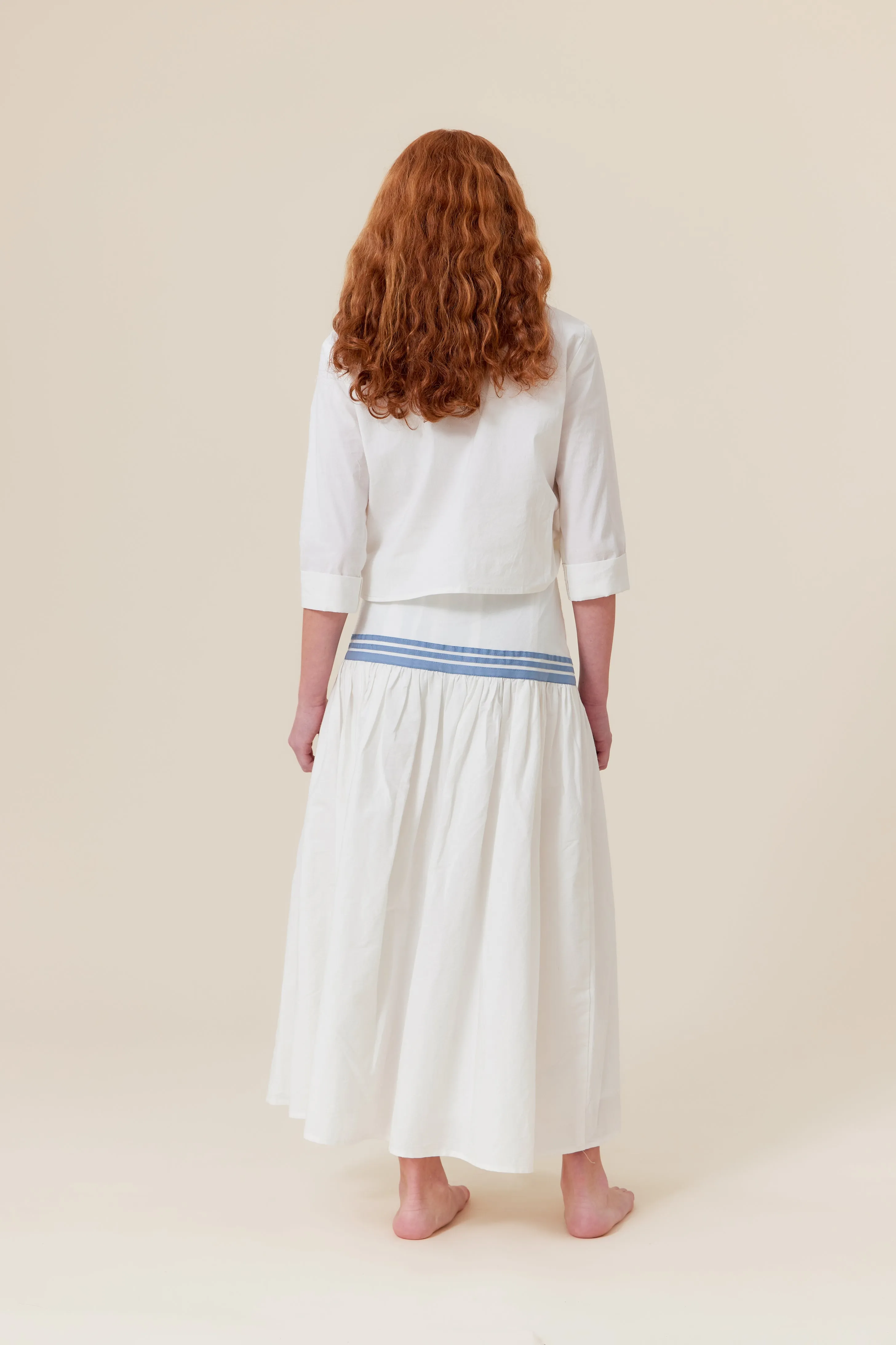 set outfit crop shirt and midi skirt with stripe - white