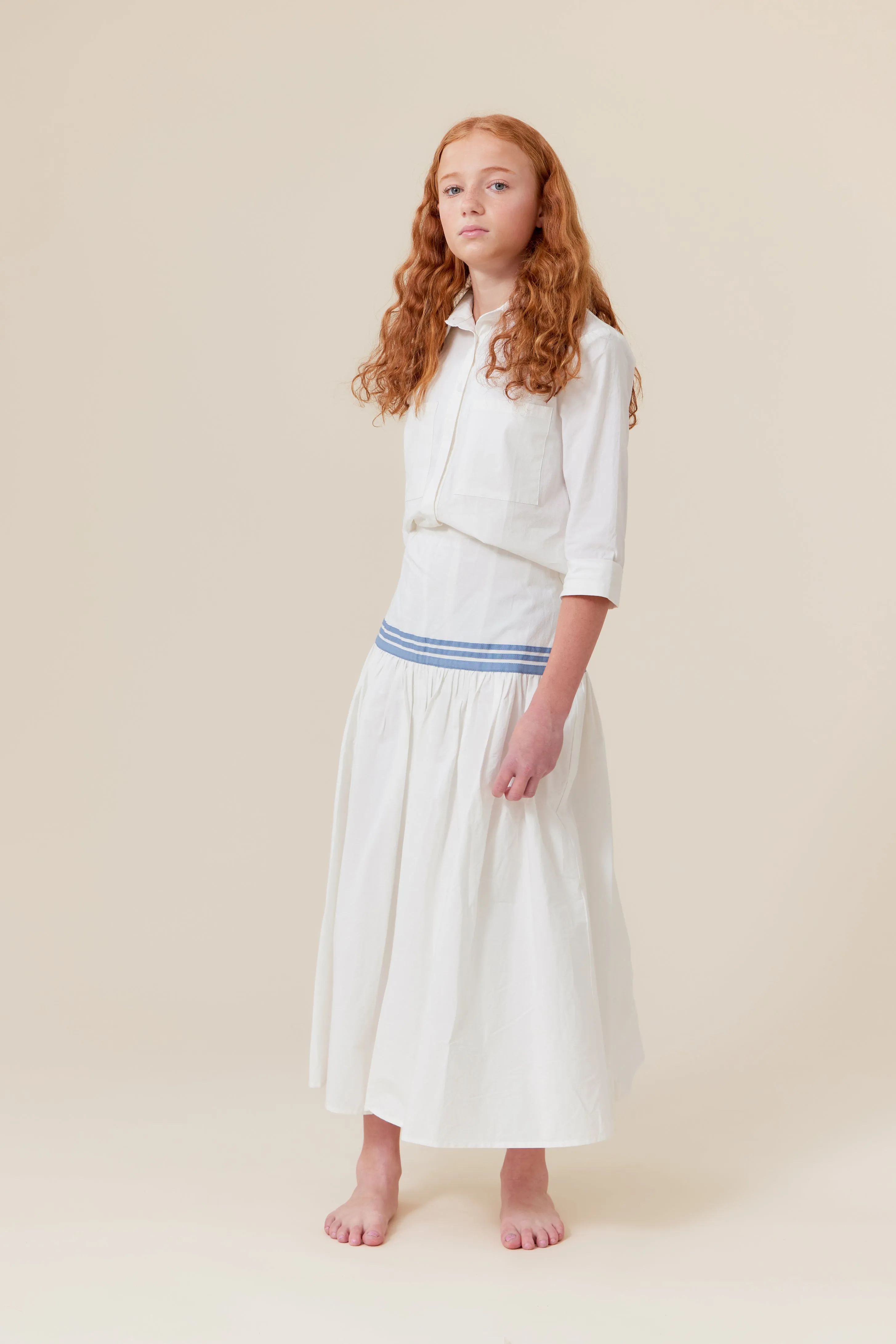 set outfit crop shirt and midi skirt with stripe - white