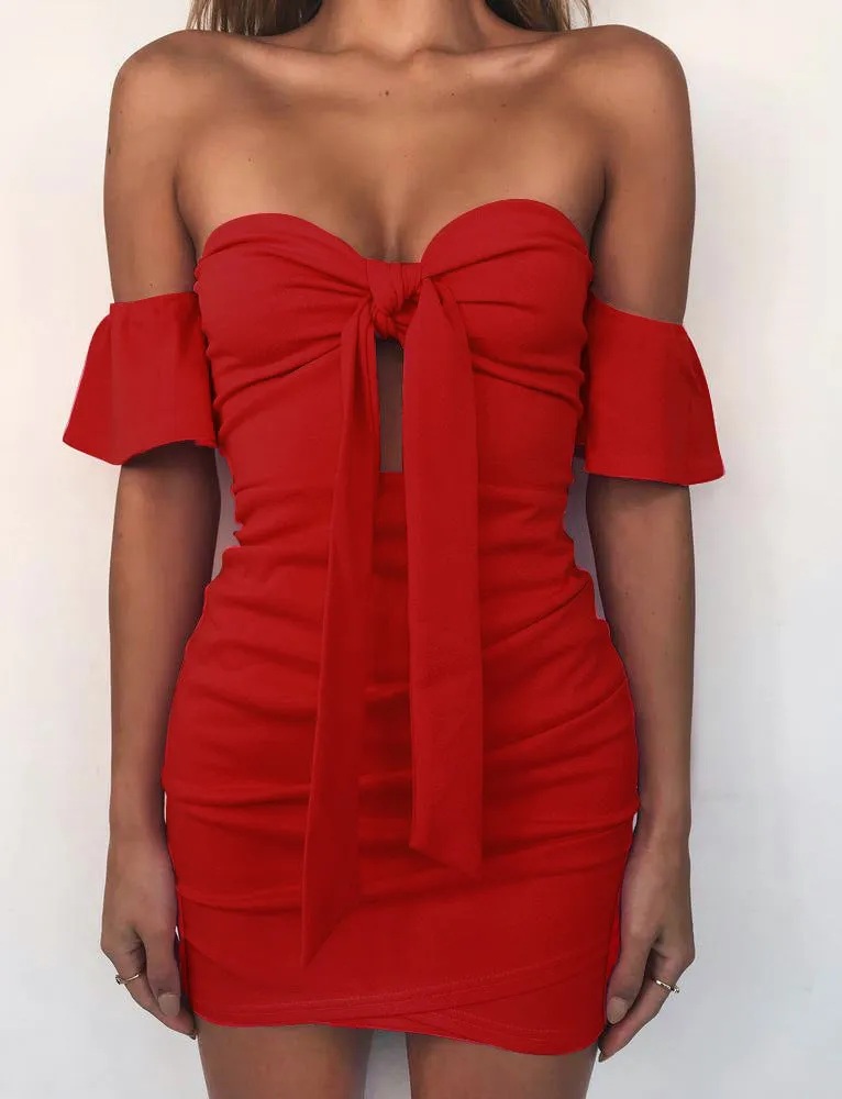 Sexy Bare Shoulder Lace Bra Hip Flattering Short Sleeve Dress