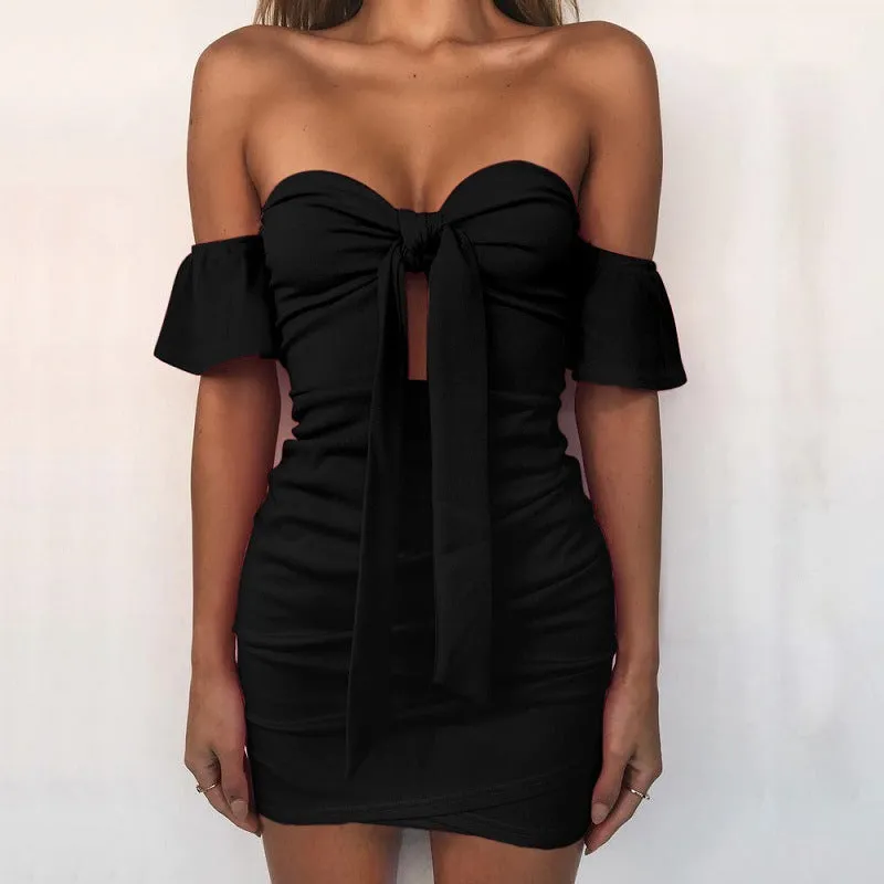 Sexy Bare Shoulder Lace Bra Hip Flattering Short Sleeve Dress