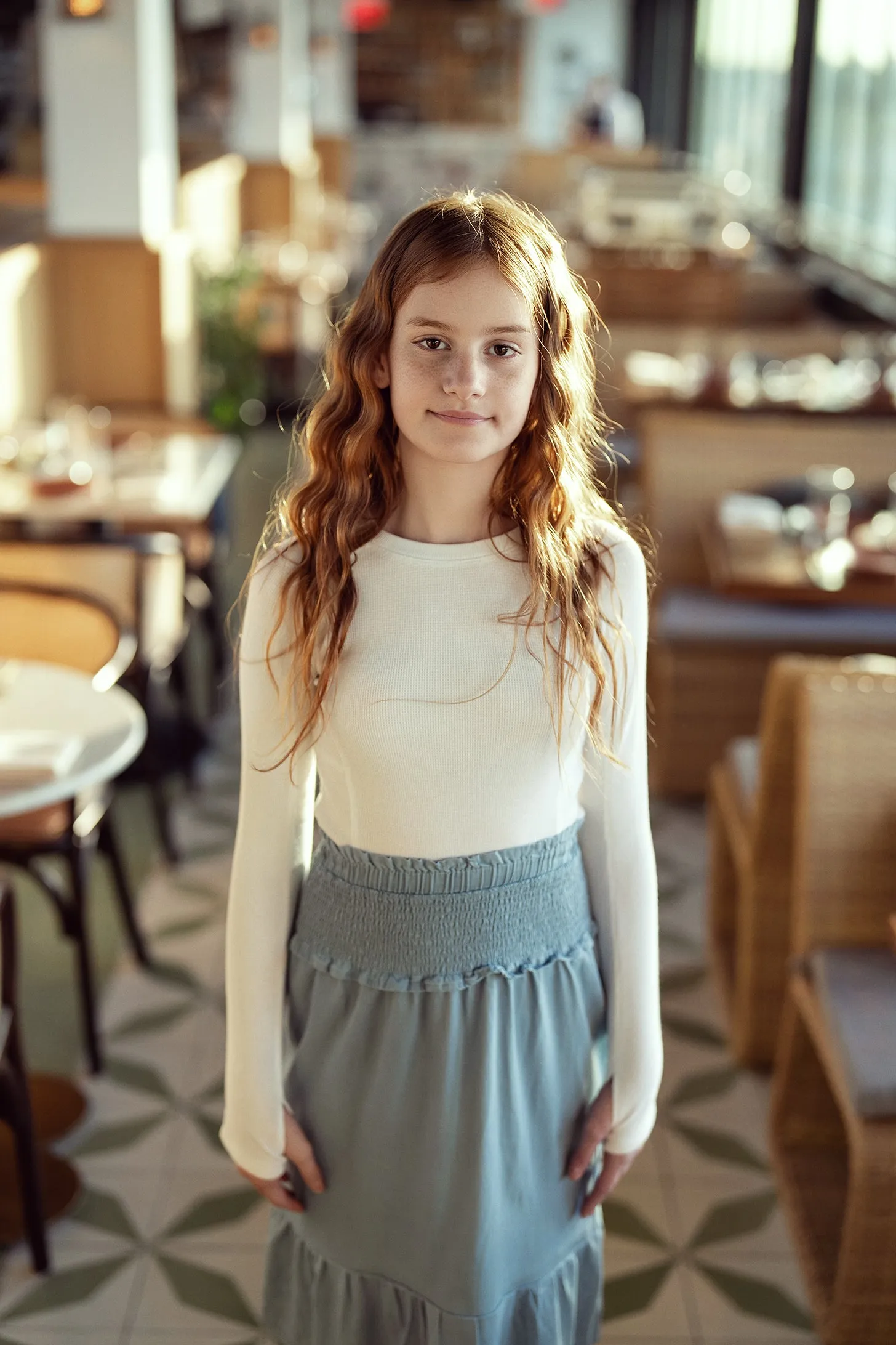 skirt midi rouched waist - light denim wash