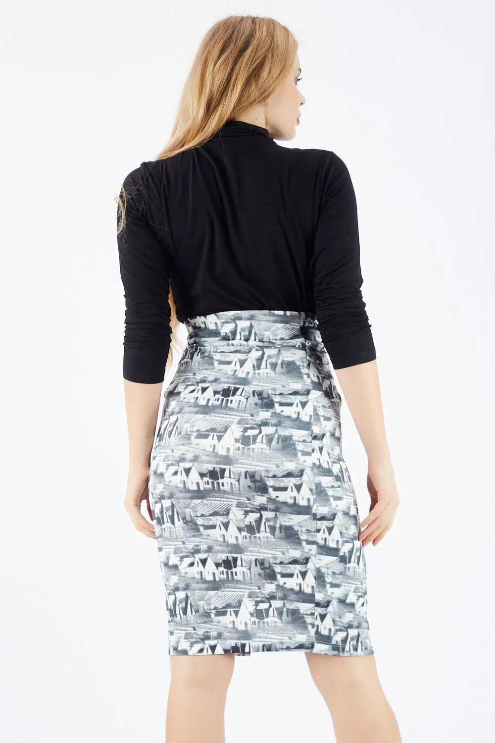 SNS Digital Printed Pencil Skirt with Twist Waist in Anthracite Color - Vila Real