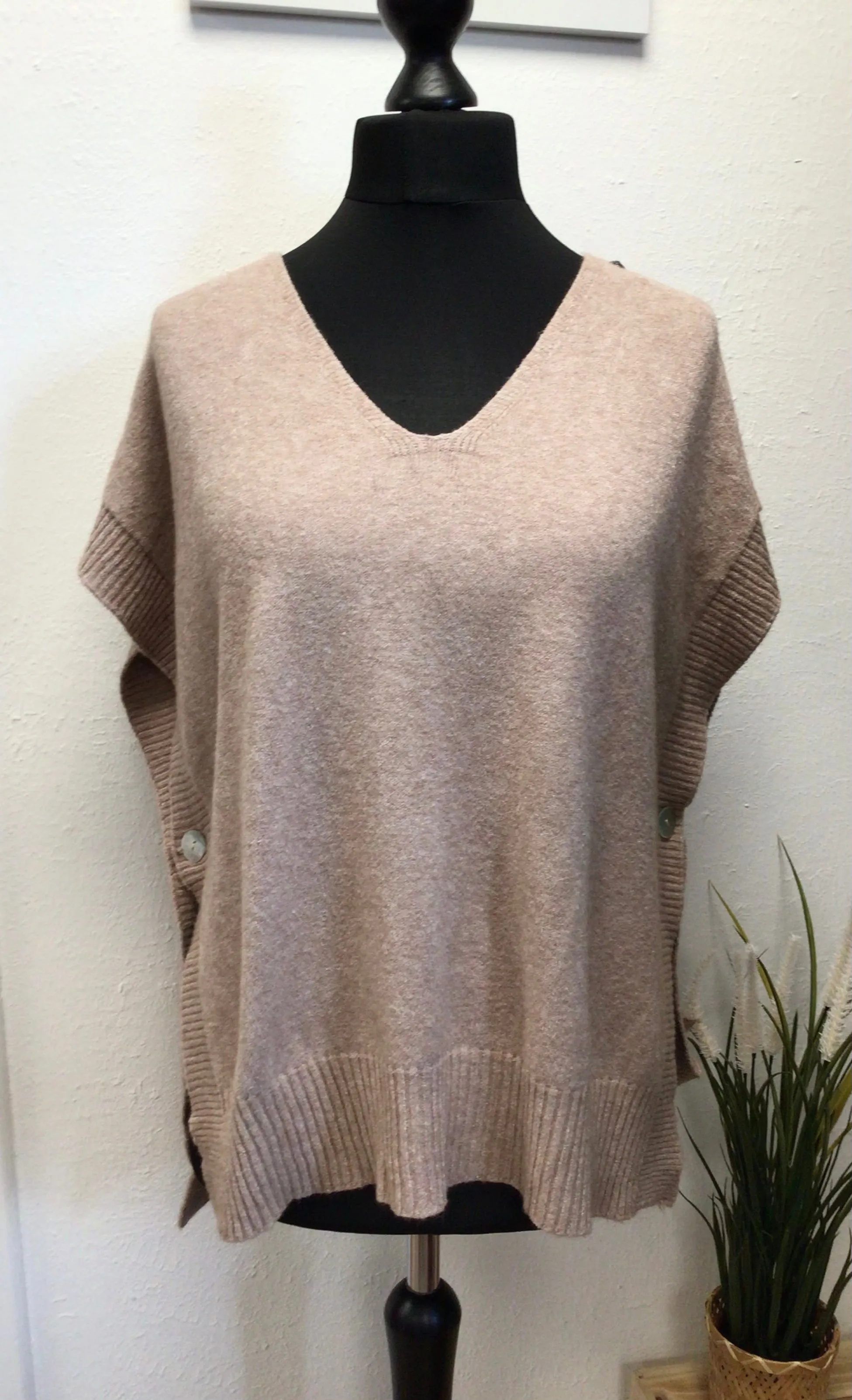 V Neck Side Button Sleeveless Poncho