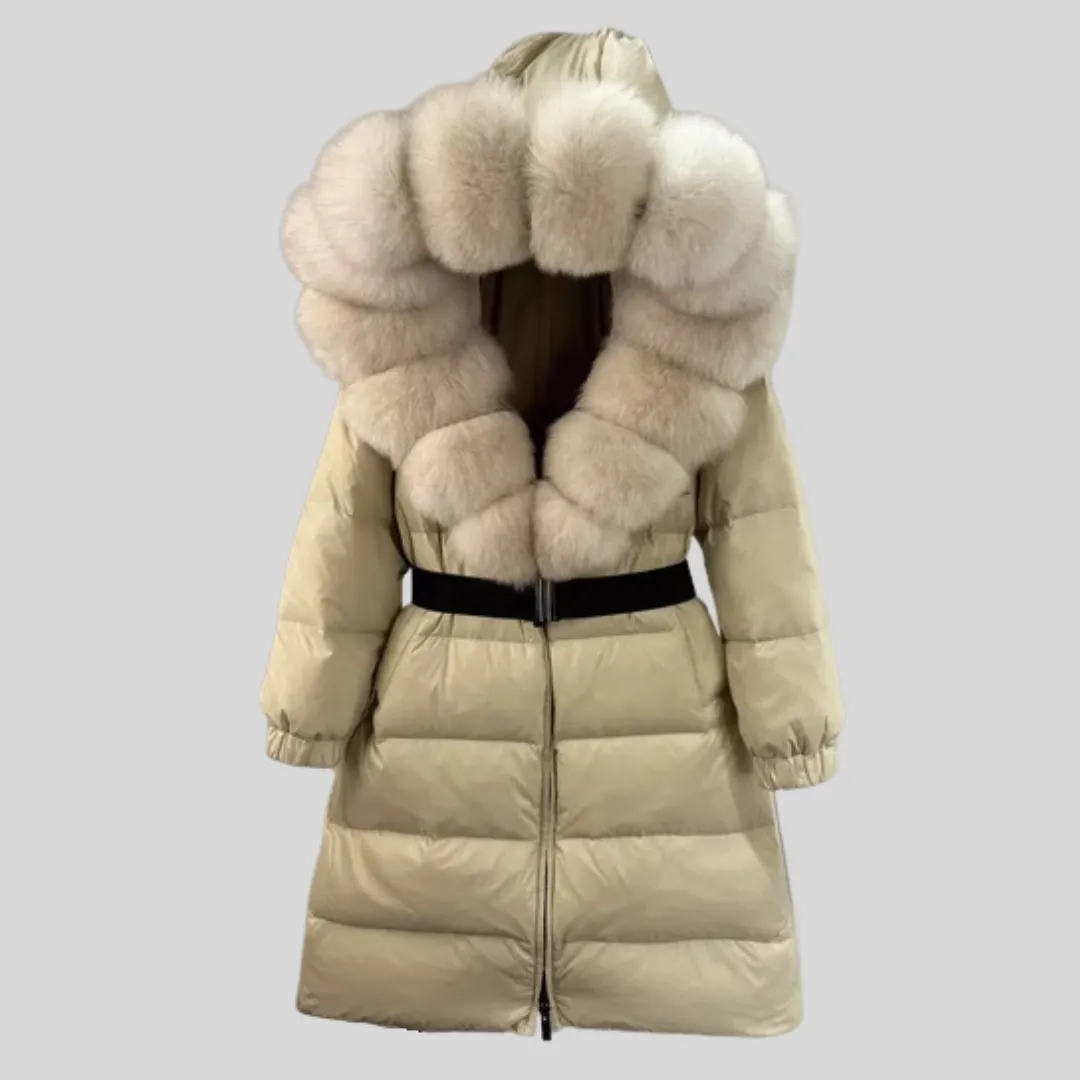 White Duck Down Coat with Fox Fur Collar