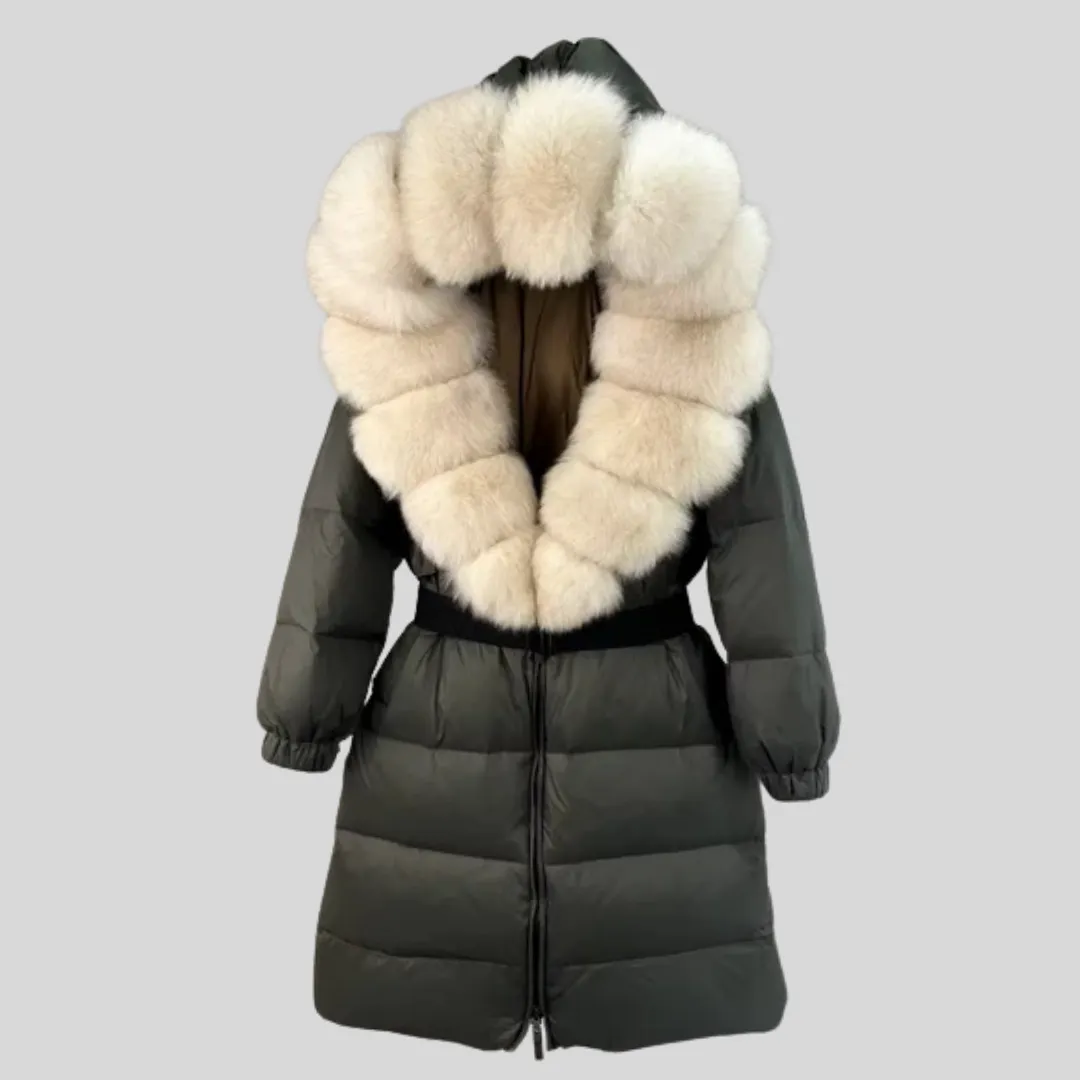 White Duck Down Coat with Fox Fur Collar