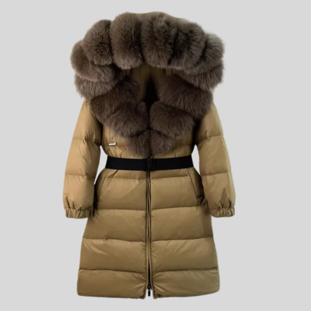 White Duck Down Coat with Fox Fur Collar