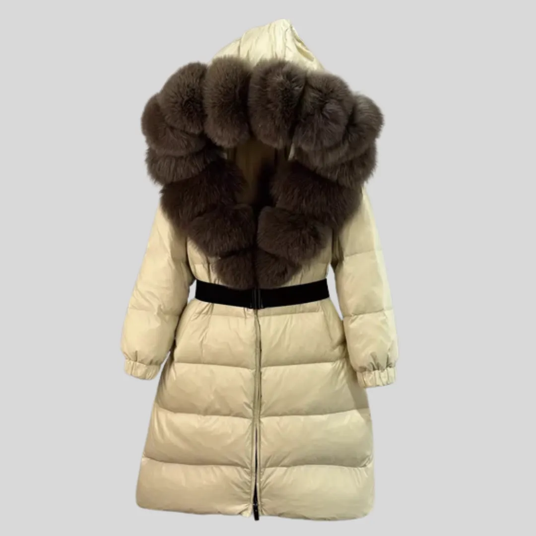 White Duck Down Coat with Fox Fur Collar