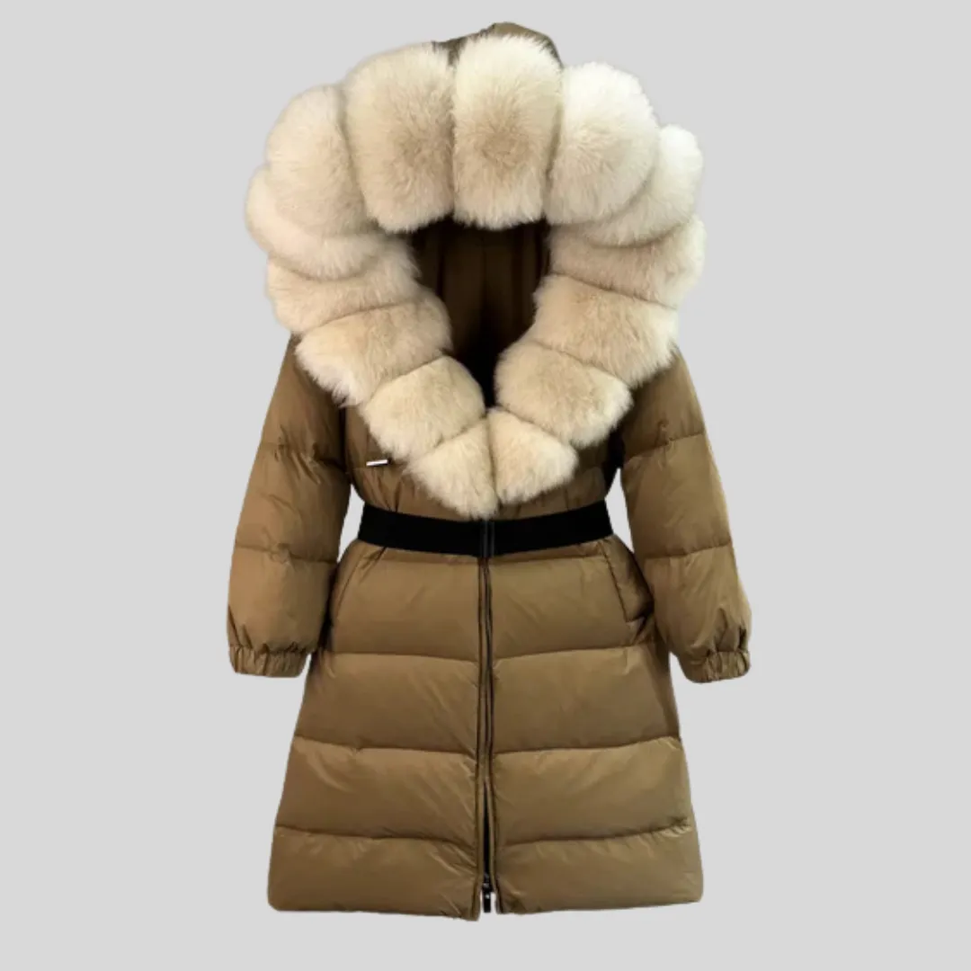 White Duck Down Coat with Fox Fur Collar