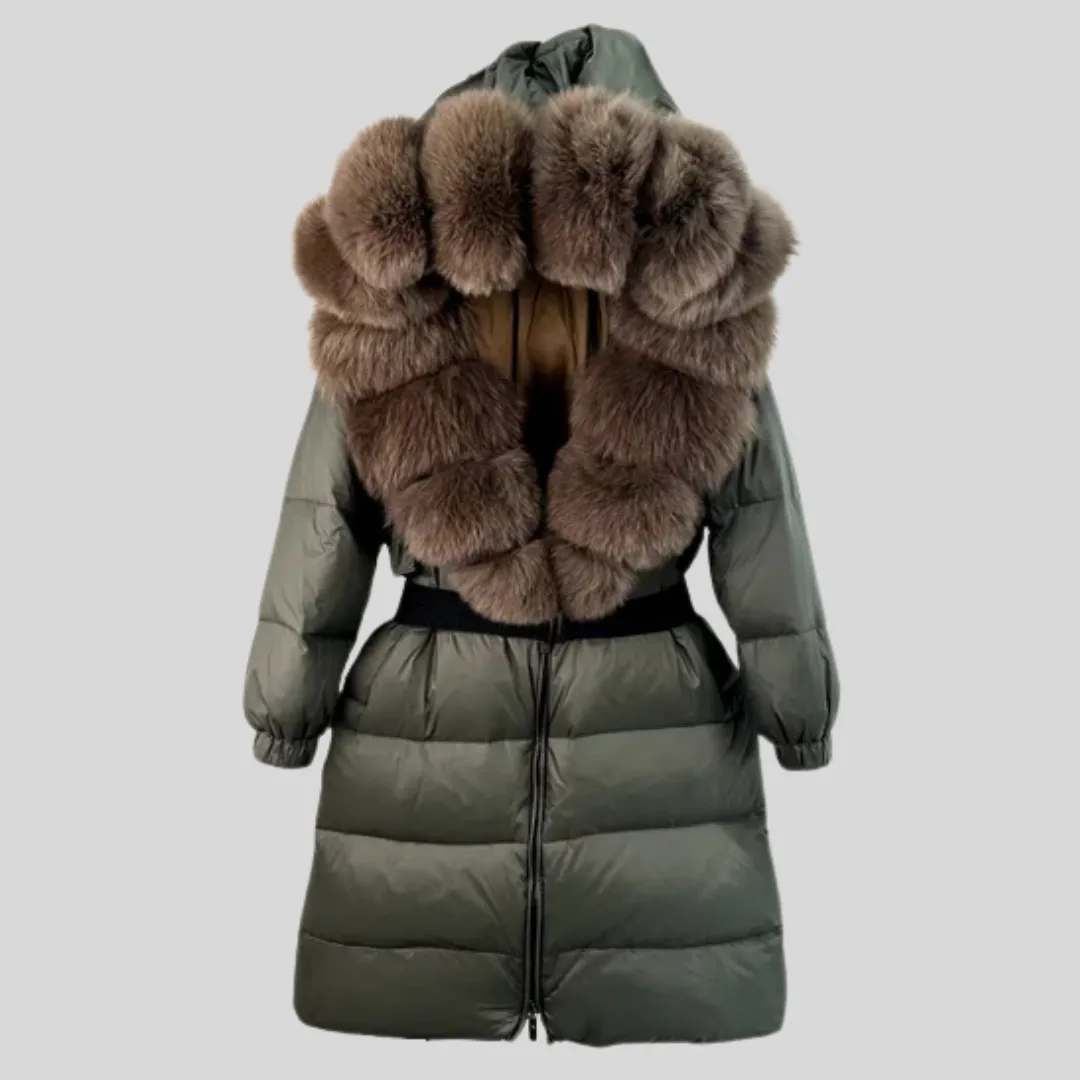 White Duck Down Coat with Fox Fur Collar