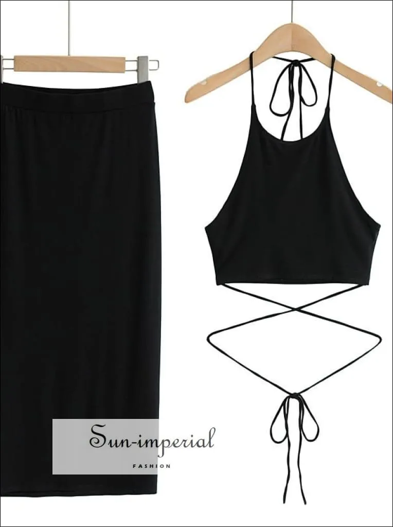Women Black Sporty Casual Co-ord Tie Halter Crop top with Tie Wrap around Waist Midi Pencil Skirt