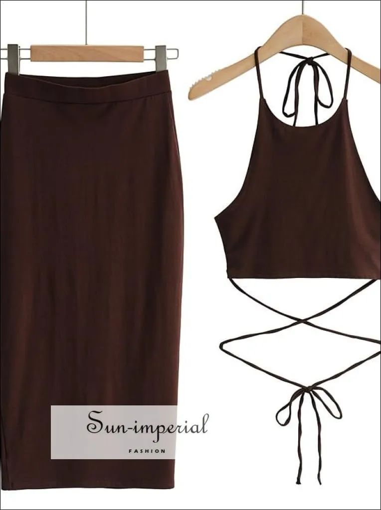 Women Black Sporty Casual Co-ord Tie Halter Crop top with Tie Wrap around Waist Midi Pencil Skirt