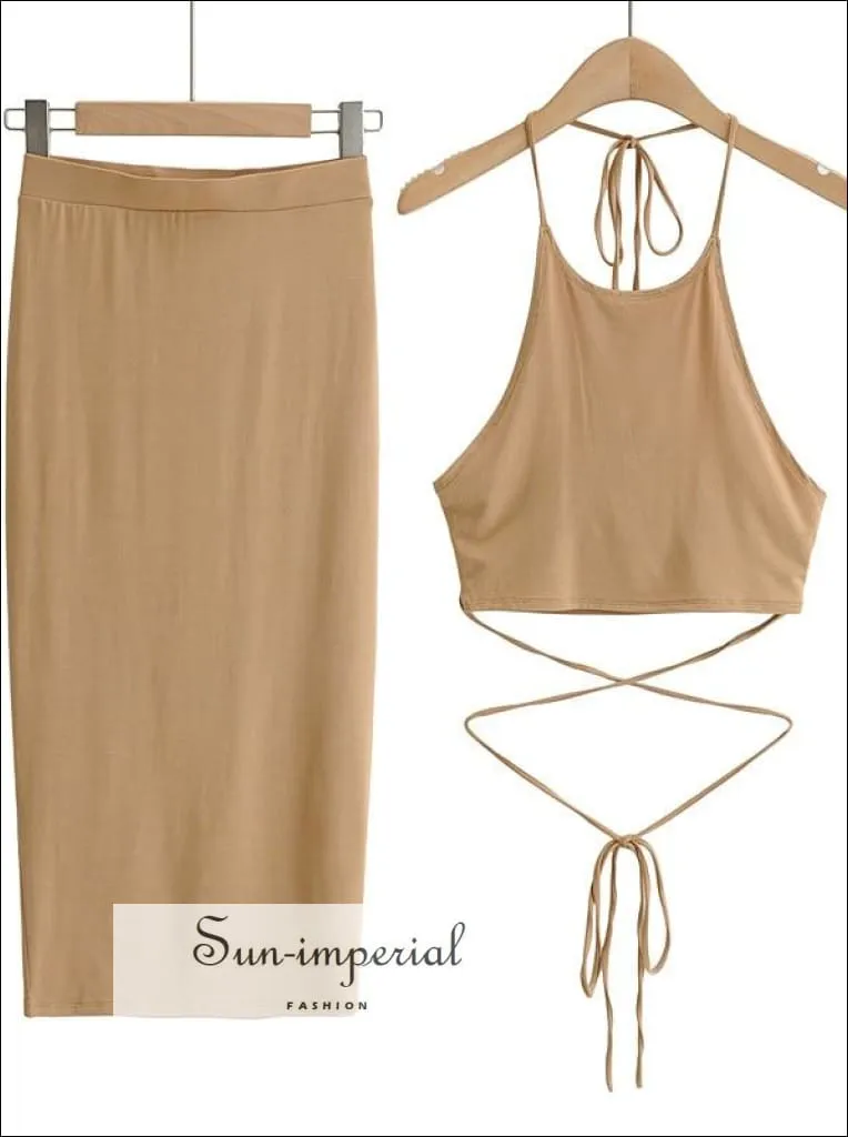 Women Black Sporty Casual Co-ord Tie Halter Crop top with Tie Wrap around Waist Midi Pencil Skirt