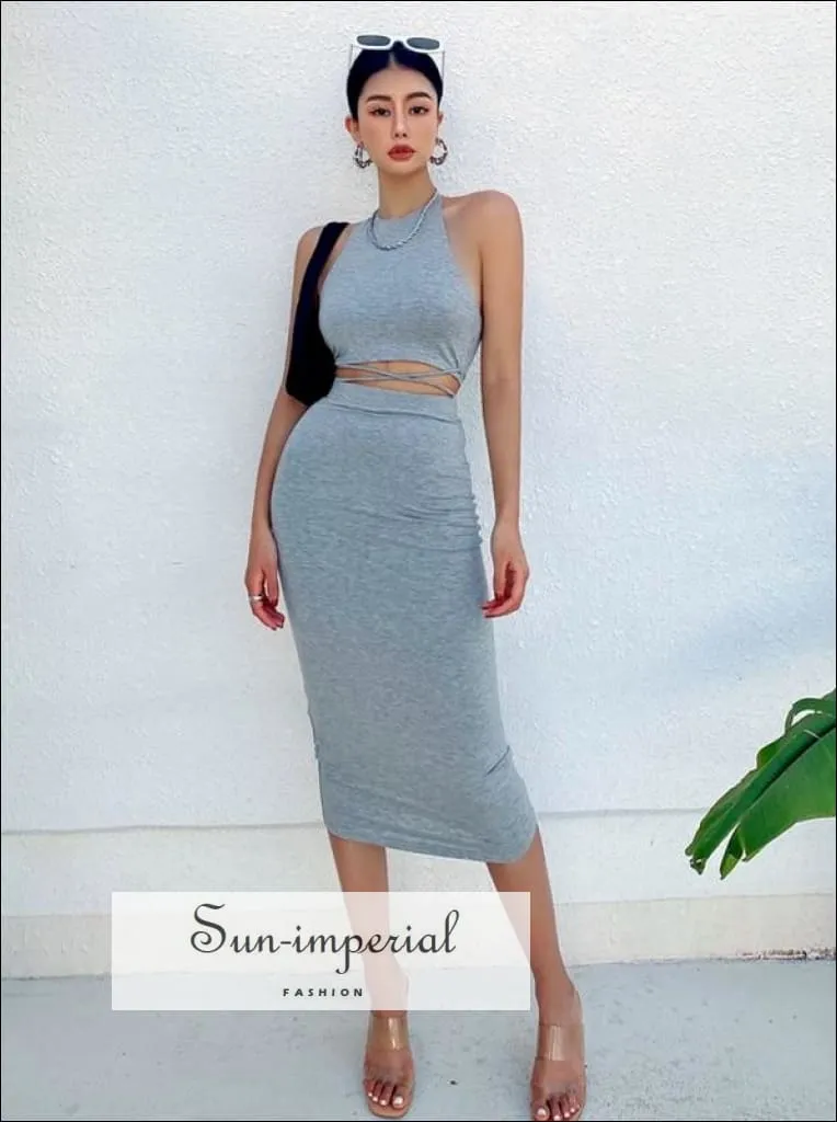 Women Black Sporty Casual Co-ord Tie Halter Crop top with Tie Wrap around Waist Midi Pencil Skirt