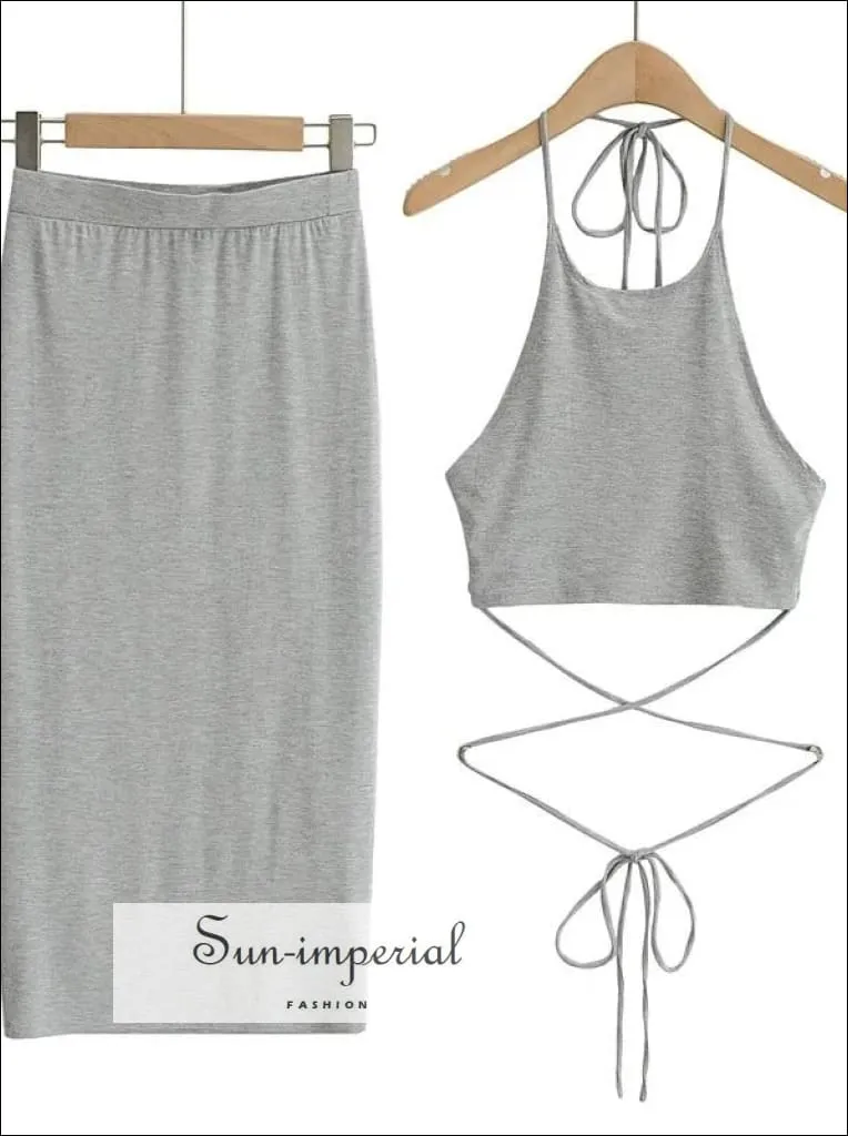 Women Black Sporty Casual Co-ord Tie Halter Crop top with Tie Wrap around Waist Midi Pencil Skirt