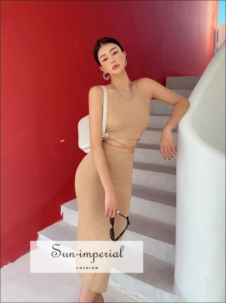 Women Black Sporty Casual Co-ord Tie Halter Crop top with Tie Wrap around Waist Midi Pencil Skirt