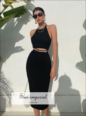 Women Black Sporty Casual Co-ord Tie Halter Crop top with Tie Wrap around Waist Midi Pencil Skirt