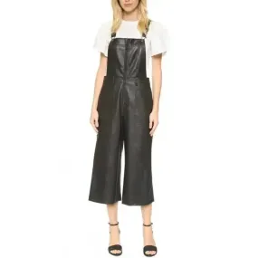 Women's Black Leather Overall Jumpsuit - Sleek & Versatile