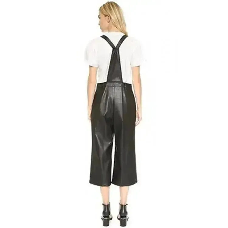 Women's Black Leather Overall Jumpsuit - Sleek & Versatile